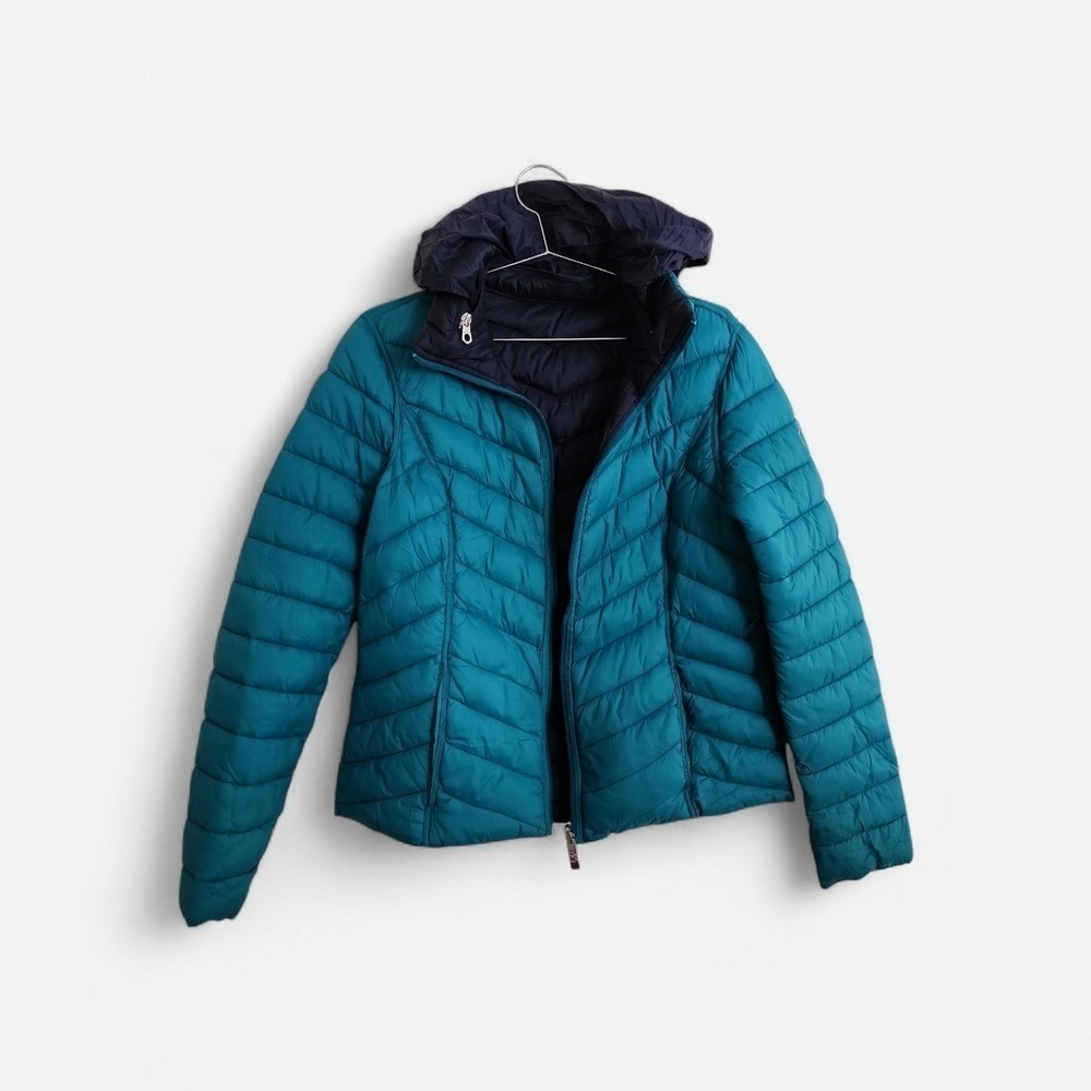 Nautica Puffer Jacket Womens M Teal Blue Packable Quilted Hooded Winter Travel